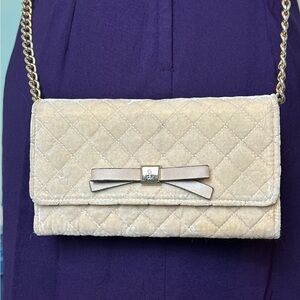Nine West velvet quilted crossbody bag blush with gold bow and chain accents